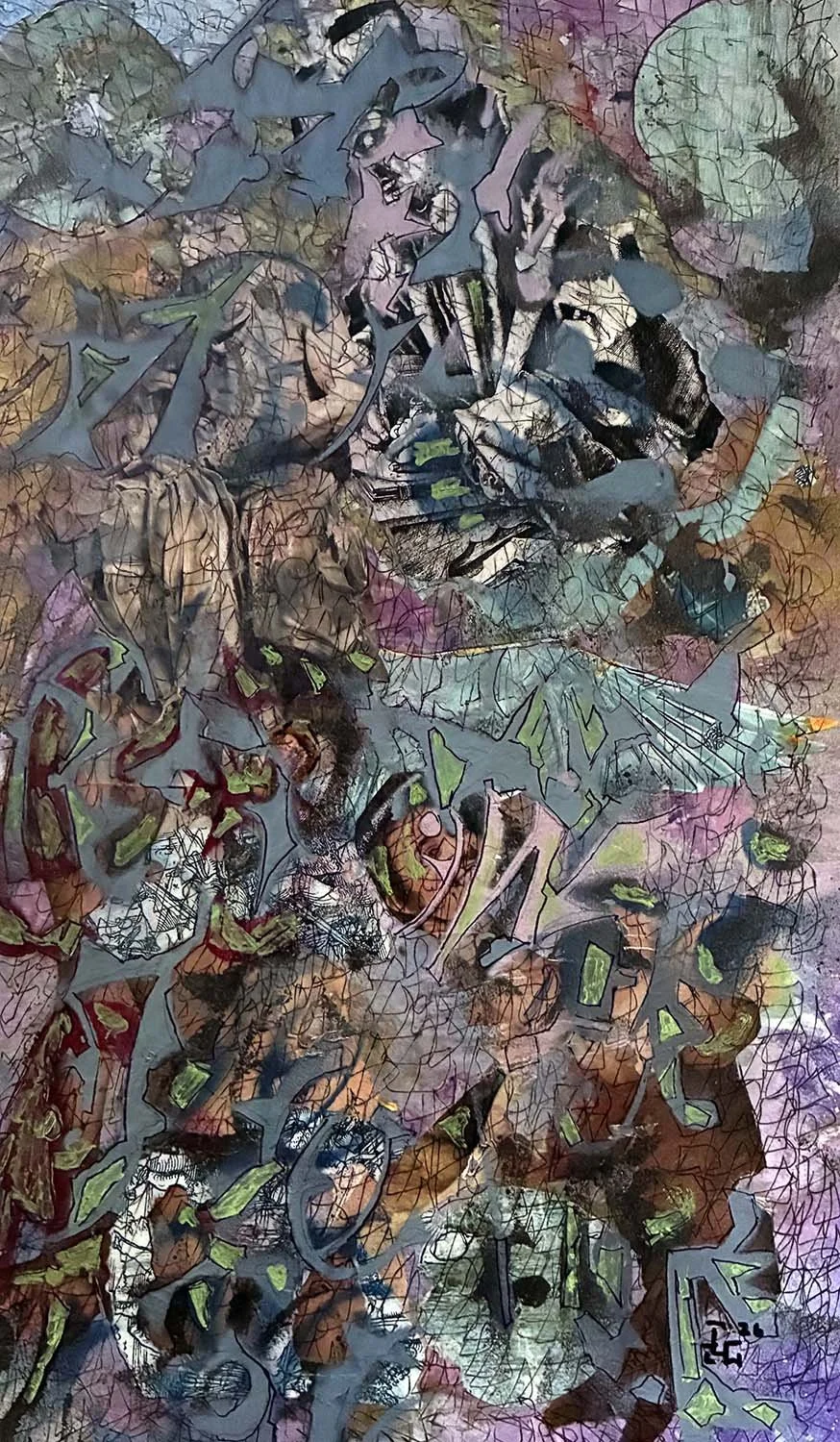  Playing with Trouble  Painted paper collage 16x22