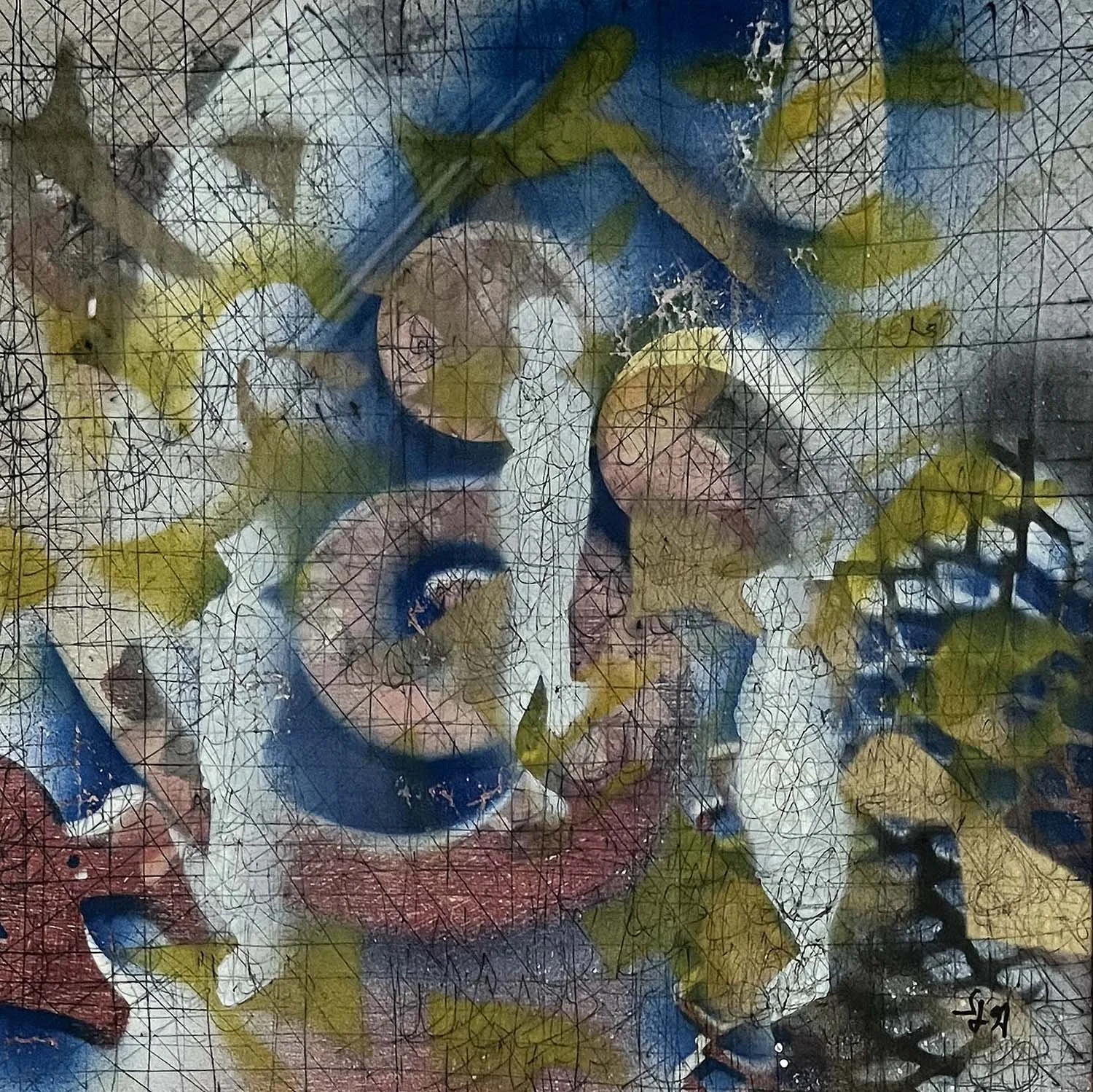 Consciousness at Risk  Acrylic enamel and ink on paper 14x14