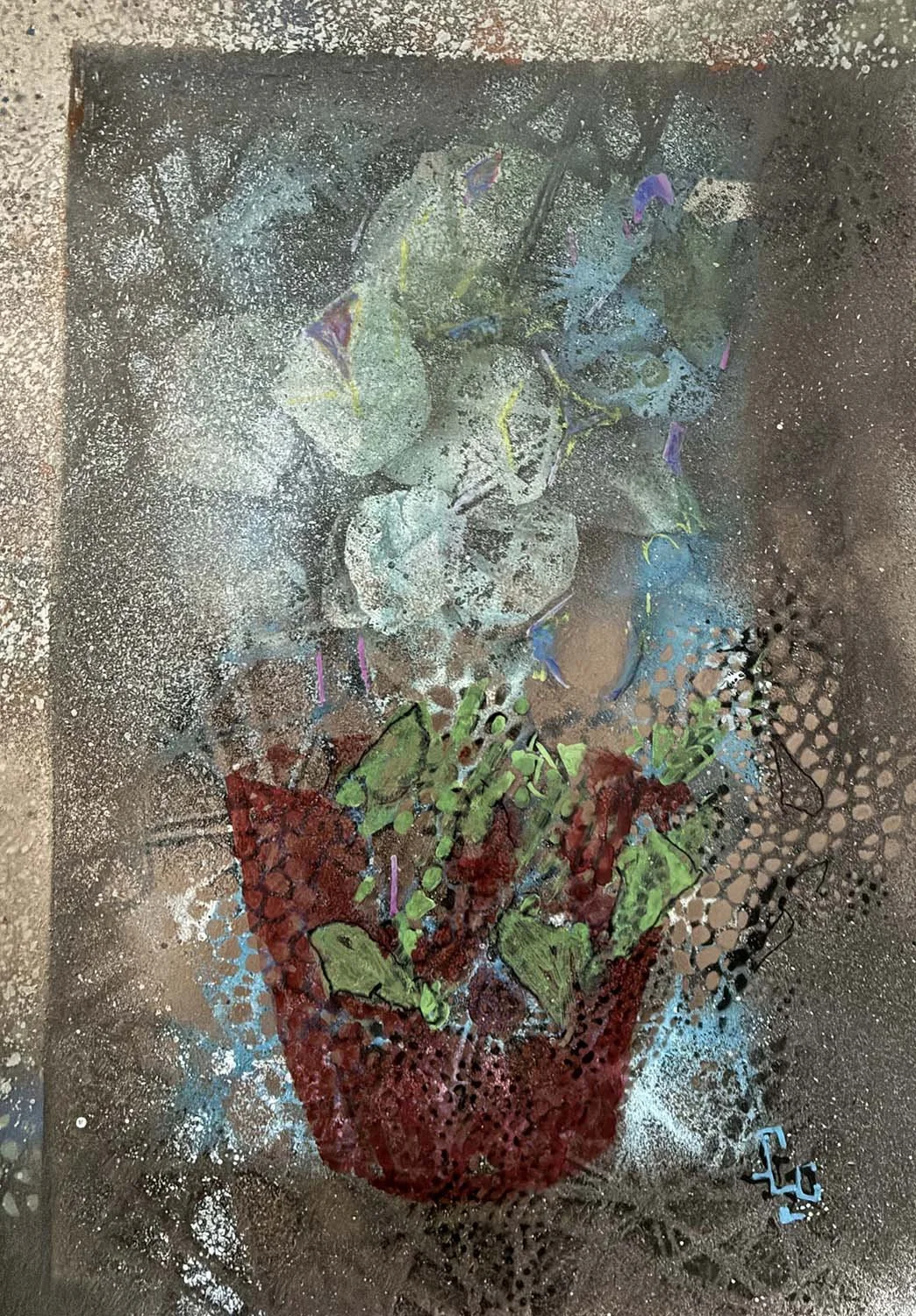  Vase with Flowers  Acrylic enamel & oil on paper 12x17