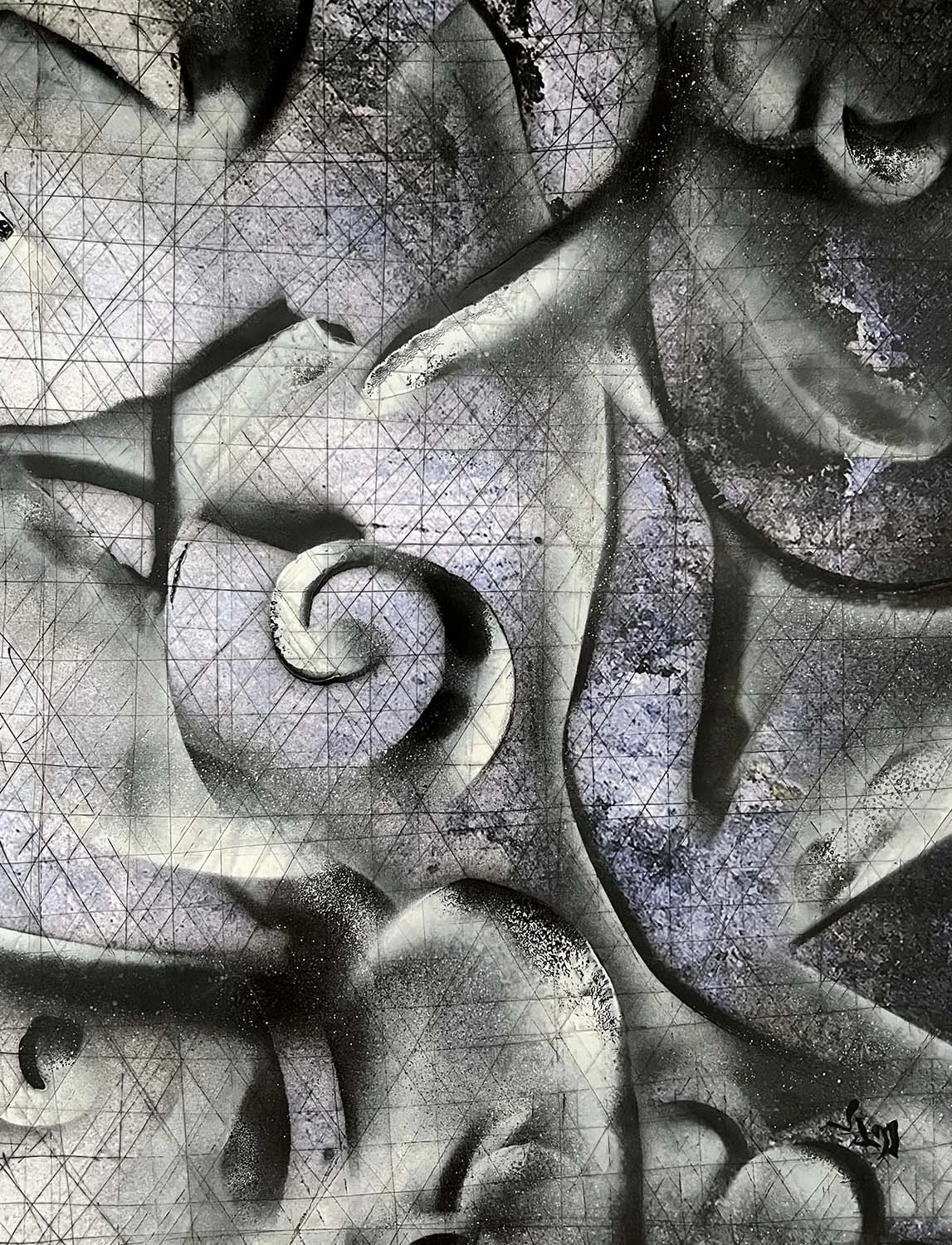 Interacting Shapes II  Acrylic enamel and ink on paper 12x18