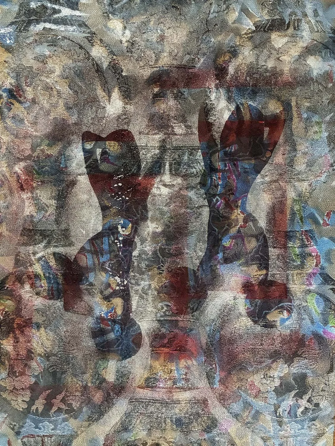  Pageantry  Acrylic enamel on printed fabric 18x24