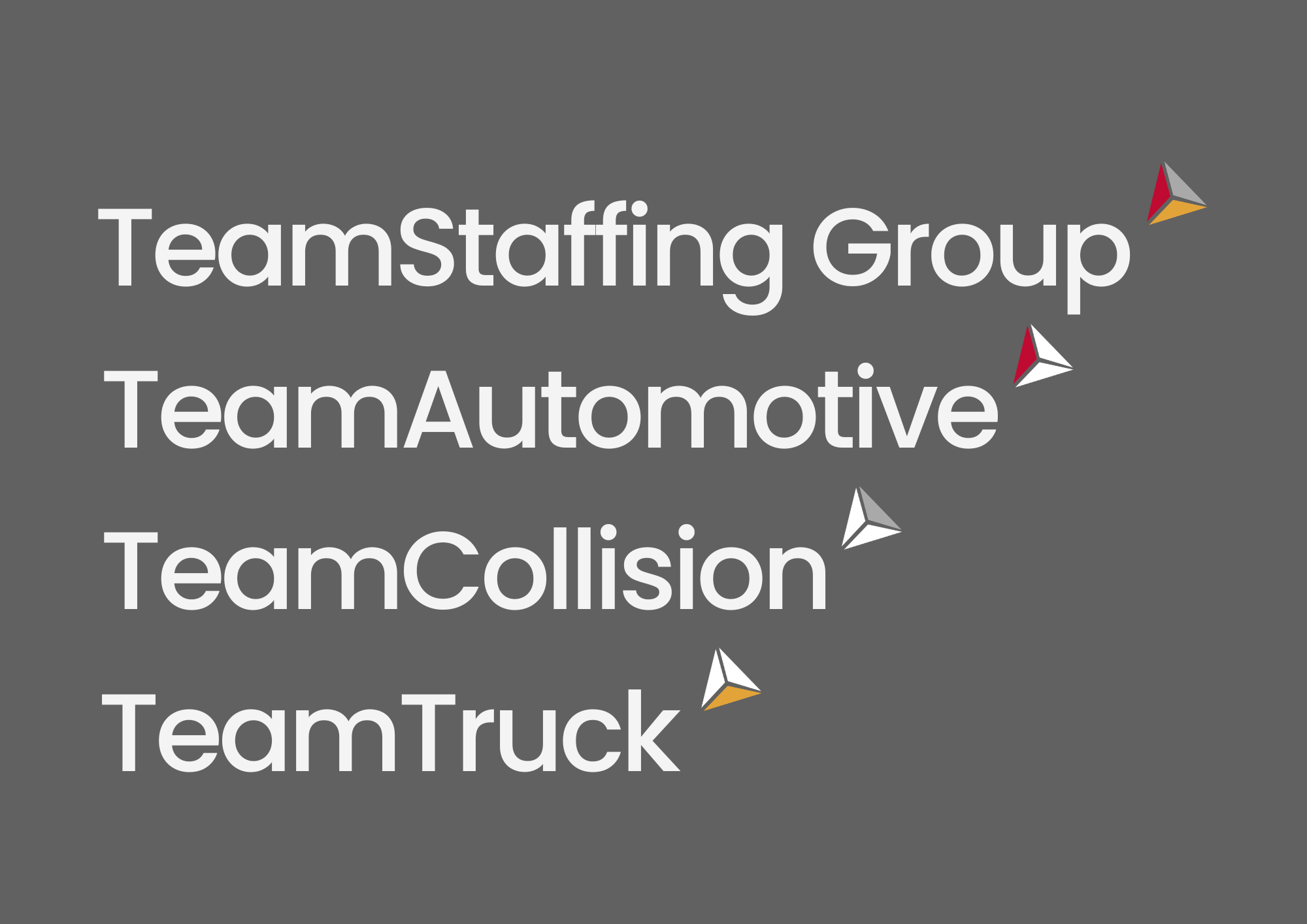 Text listing team names: Team Staffing Group, Team Automotive, Team Collision, Team Truck, with small colorful paper plane icons on a dark gray background.