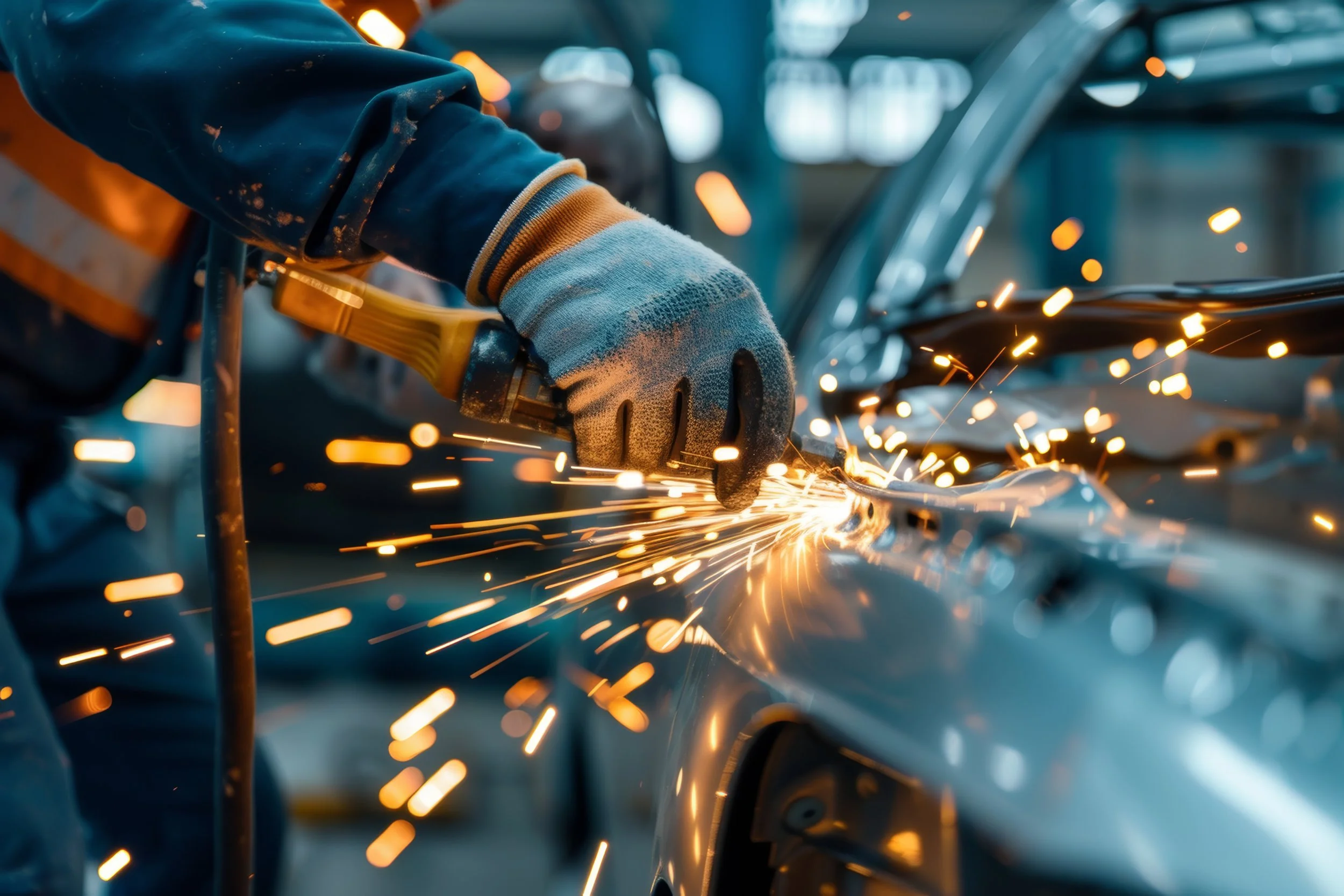 A worker wearing protective gloves and a jacket is welding metal, with bright sparks flying around.