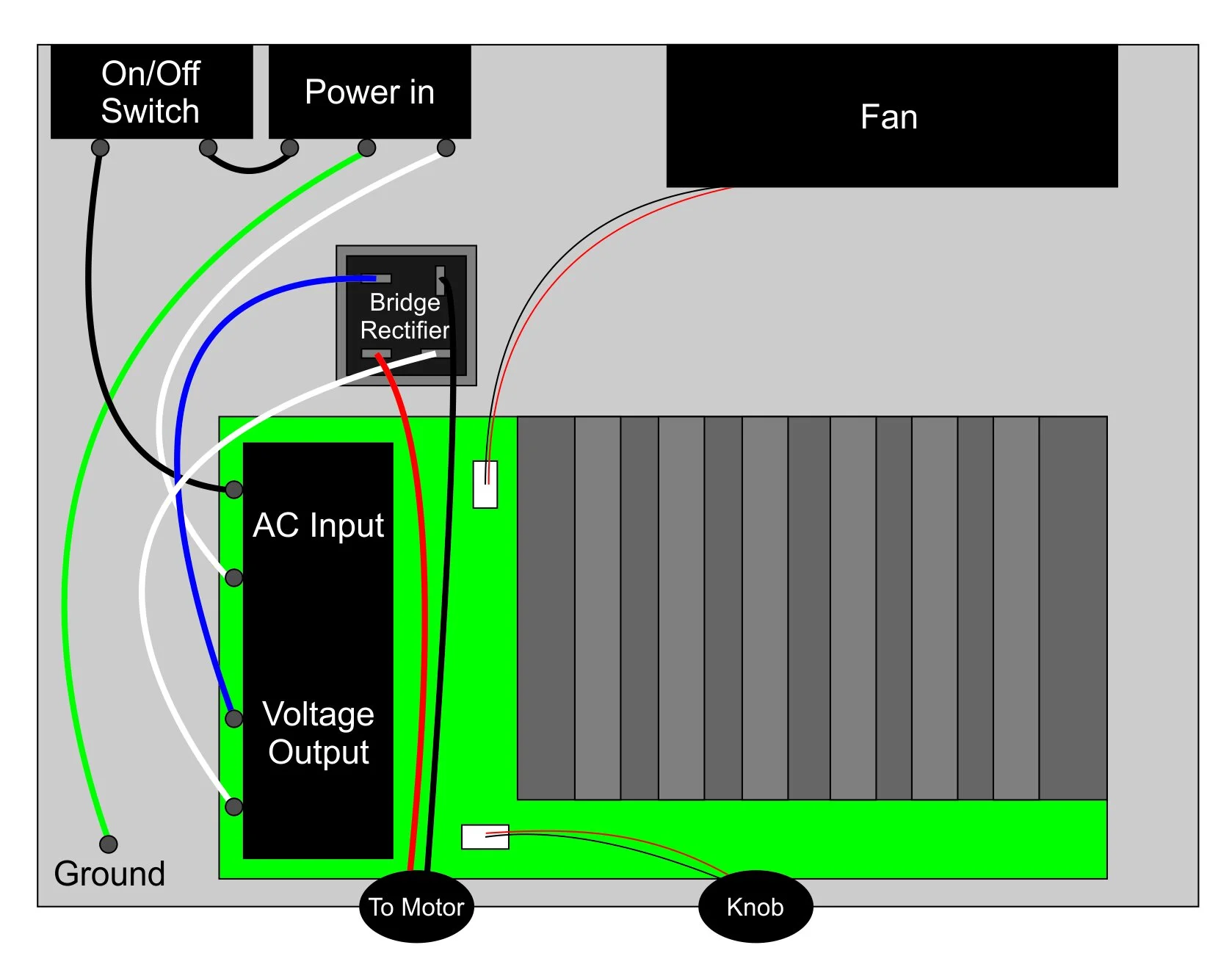 Wiring diagram showing the electrical connections between the power supply, voltage regulator, bridge rectifier, and treadmill motor.