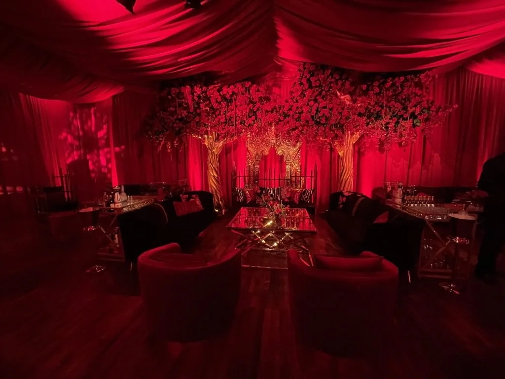The Boathouse draped lounge transformation with rose-themed design