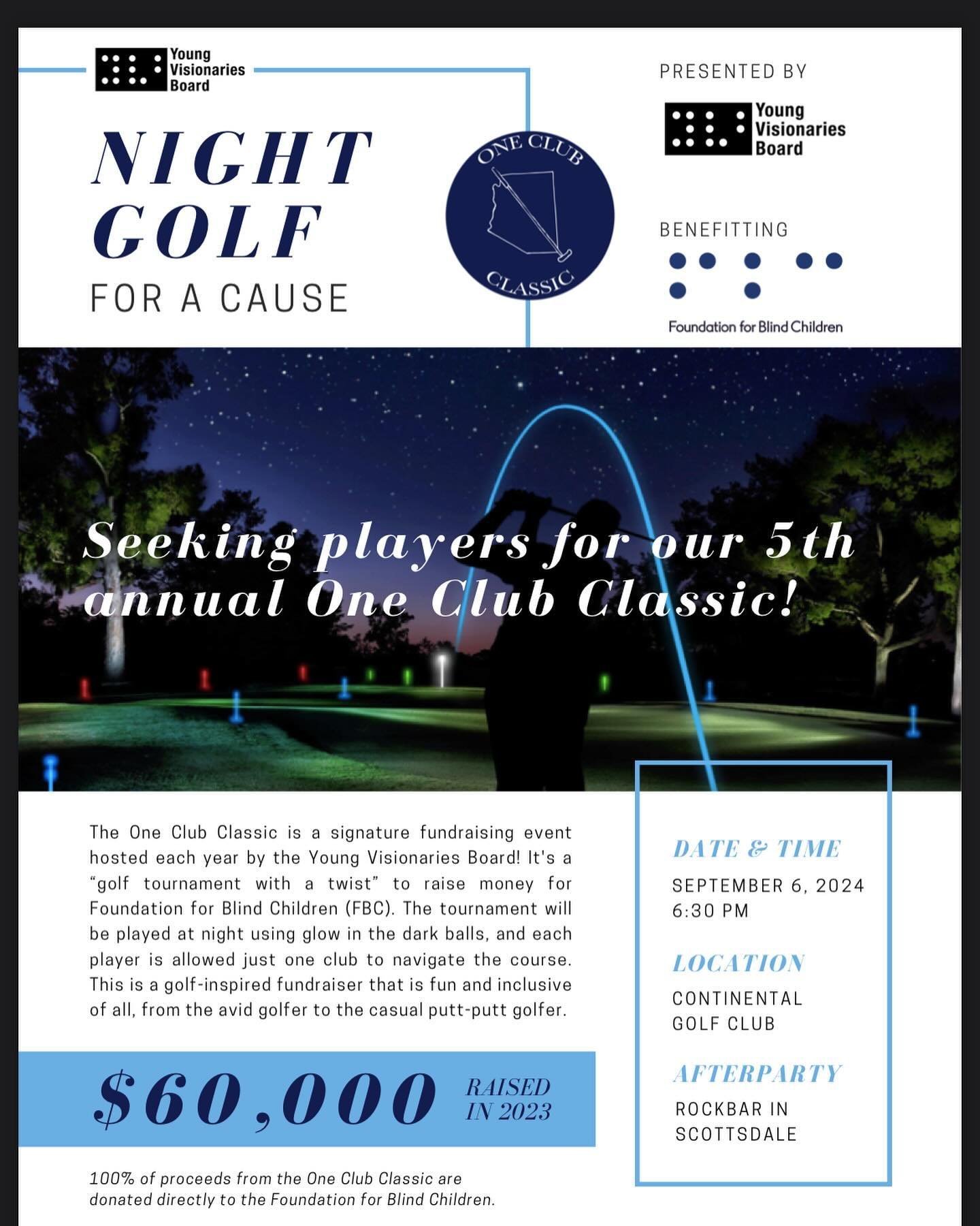 We&rsquo;re just a month away from the 5th annual One Club Classic!!

Visit below to signup! Link in our bio as well

https://www.youngvisionariesboard.org/one-club-classic