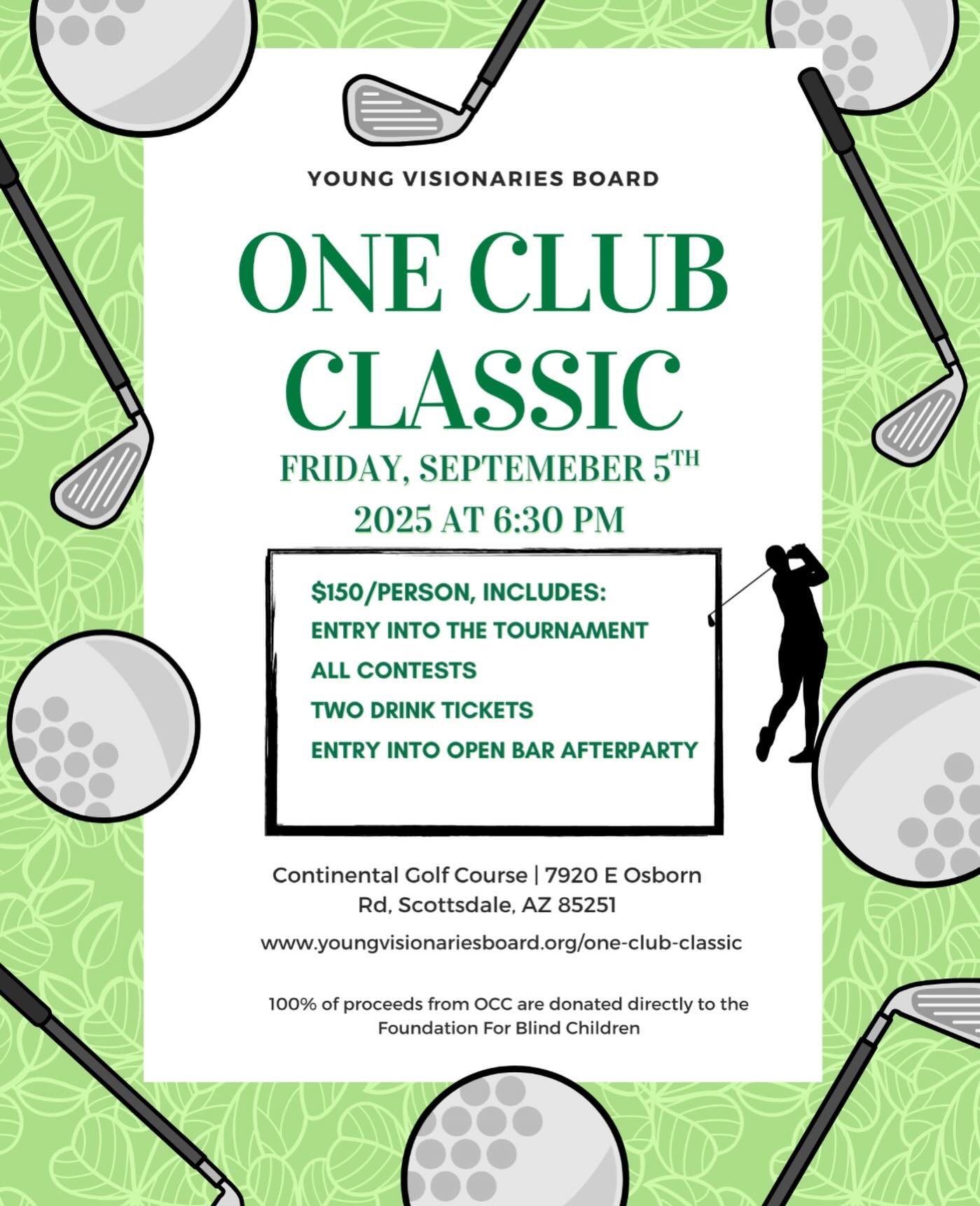 Almost a month away from our One Club Classic night golf tournament! Come play golf, socialize, and have a great time for a great cause!

Sign up here: https://www.youngvisionariesboard.org/one-club-classic