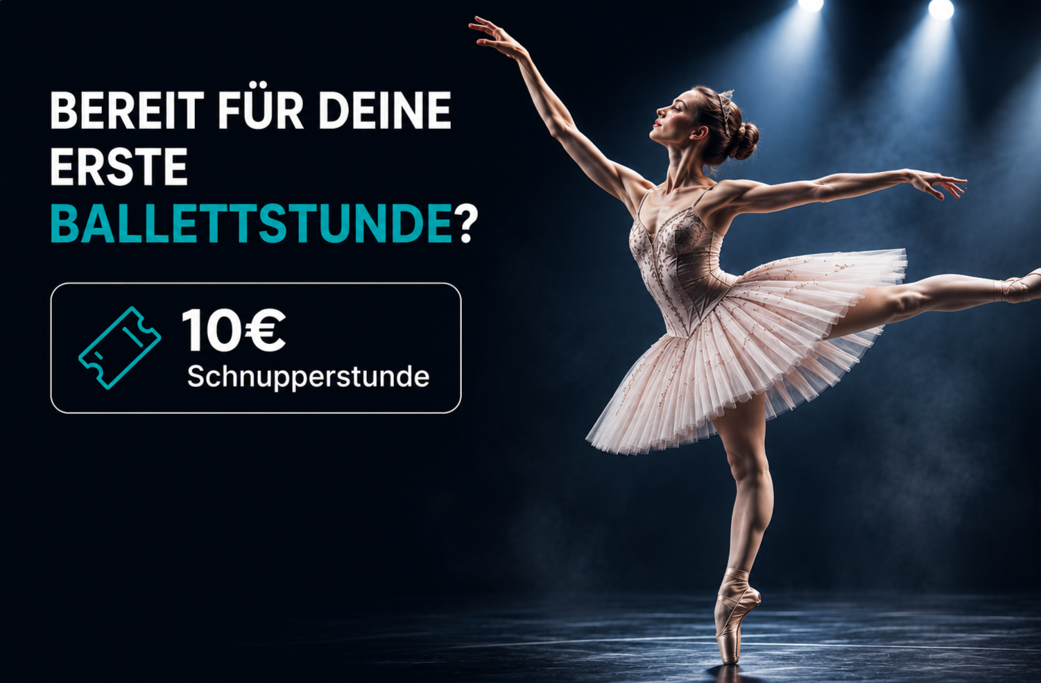 Balletttänzerin im Pirouetten in einem Ballettstudio bei einer Ballettstunde. Text bewirbt eine Schnupperstunde für 10 Euro.