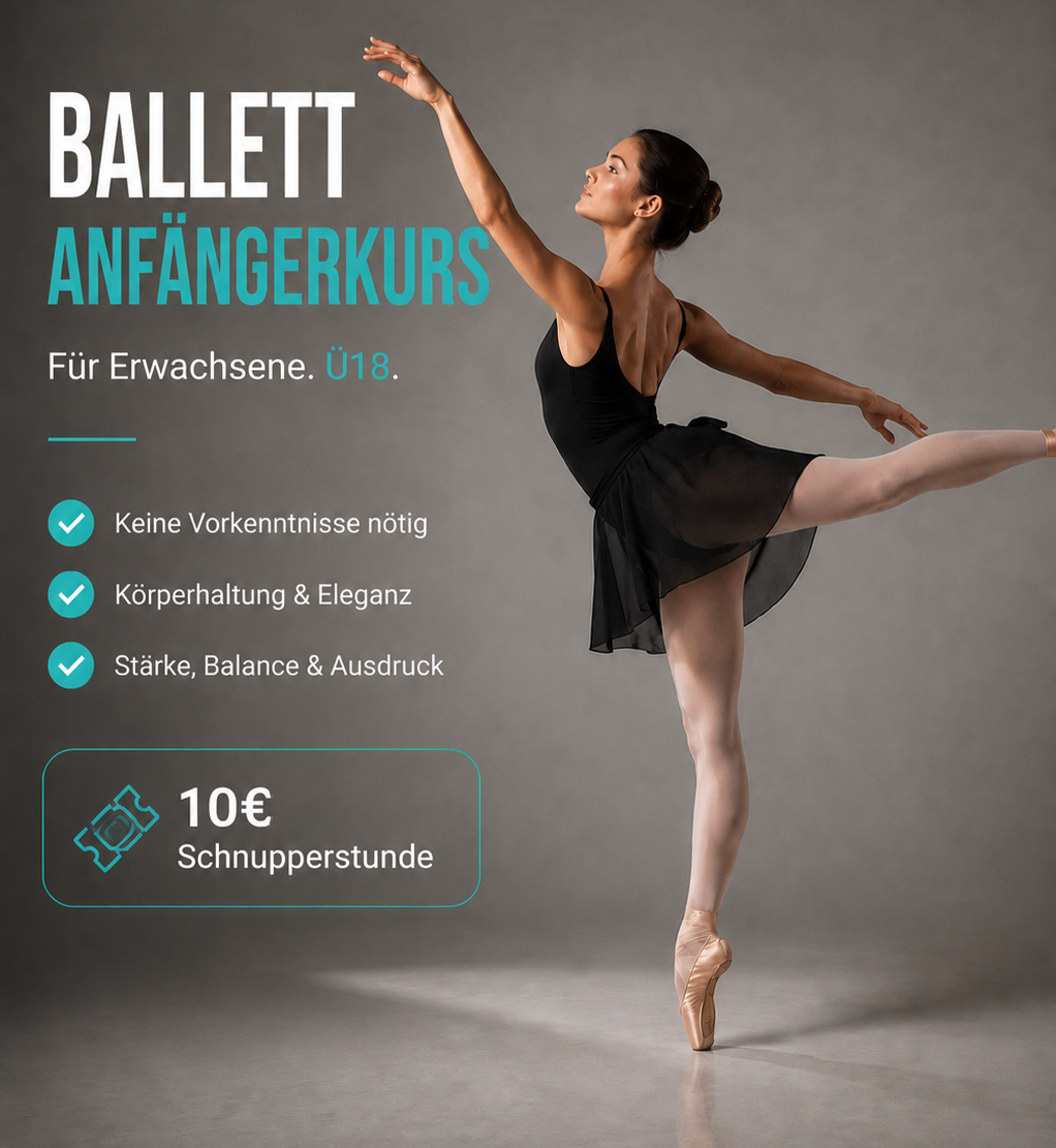 Balletttänzerin in Schwarz, die auf Zehenspitzen tanzt, mit Werbung für einen Anfänger-Ballettkurs für Erwachsene, kostenfrei, Körperhaltung und Eleganz, 10 Euro Probestunde.