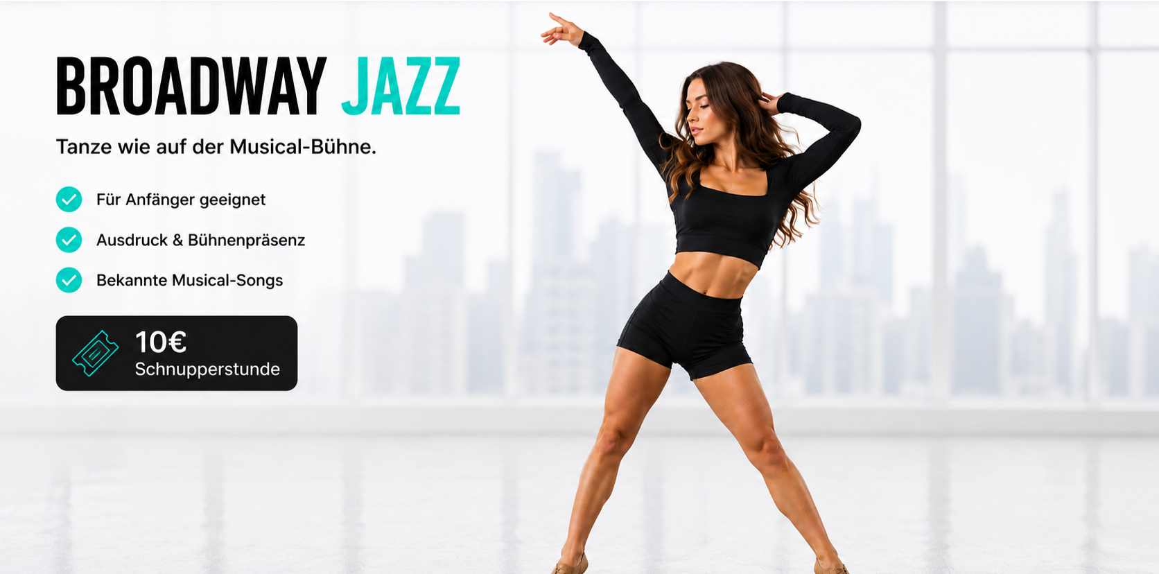 Werbeflyer für einen Tanzkurs im Stil von Broadway und Jazz mit einem fitten Tänzer in schwarzer Sportbekleidung, der in einer modernen, hellen Studioumgebung tanzt.