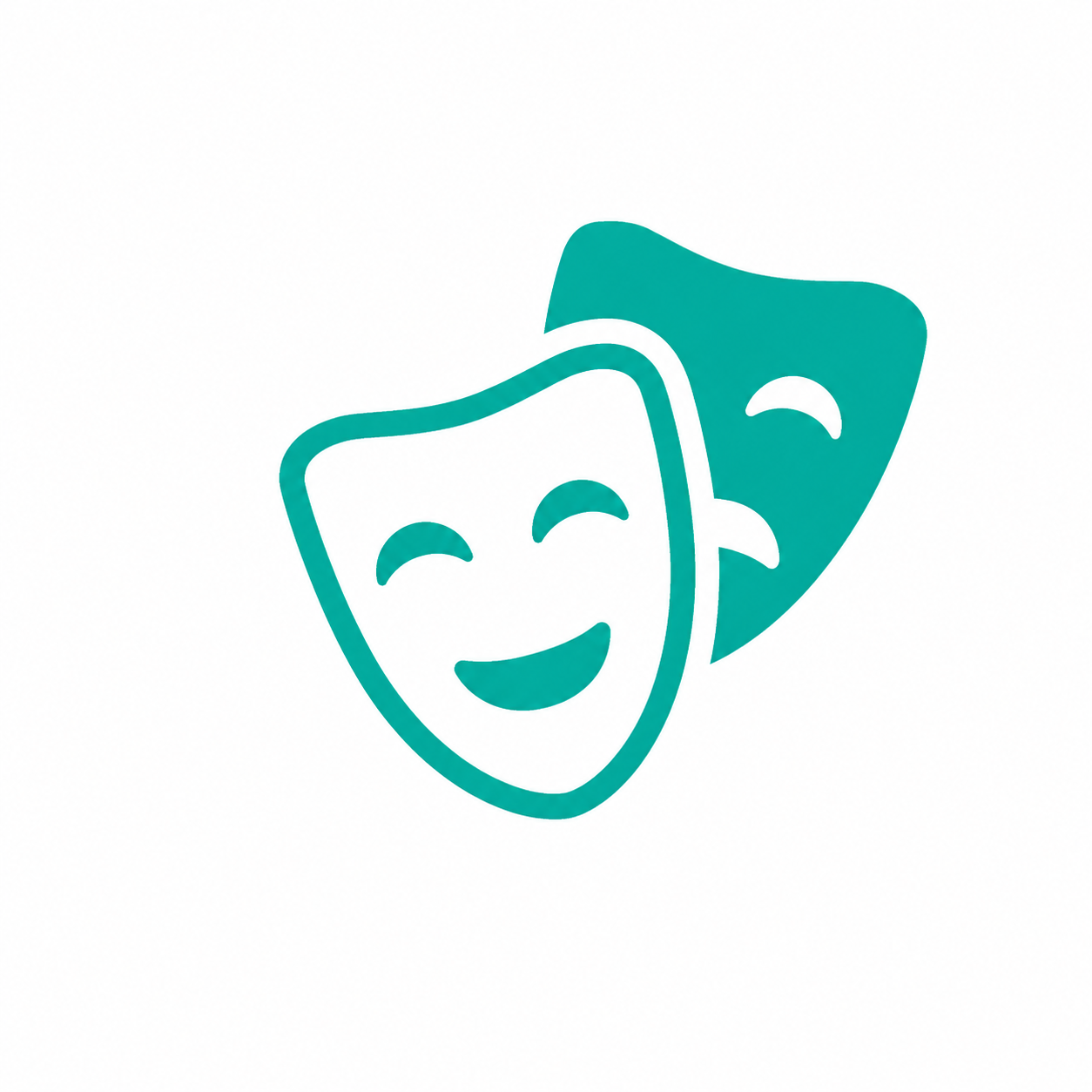 Zwei lachende Theaterschminken-Masken, eine vor der anderen, in Grüntönen.