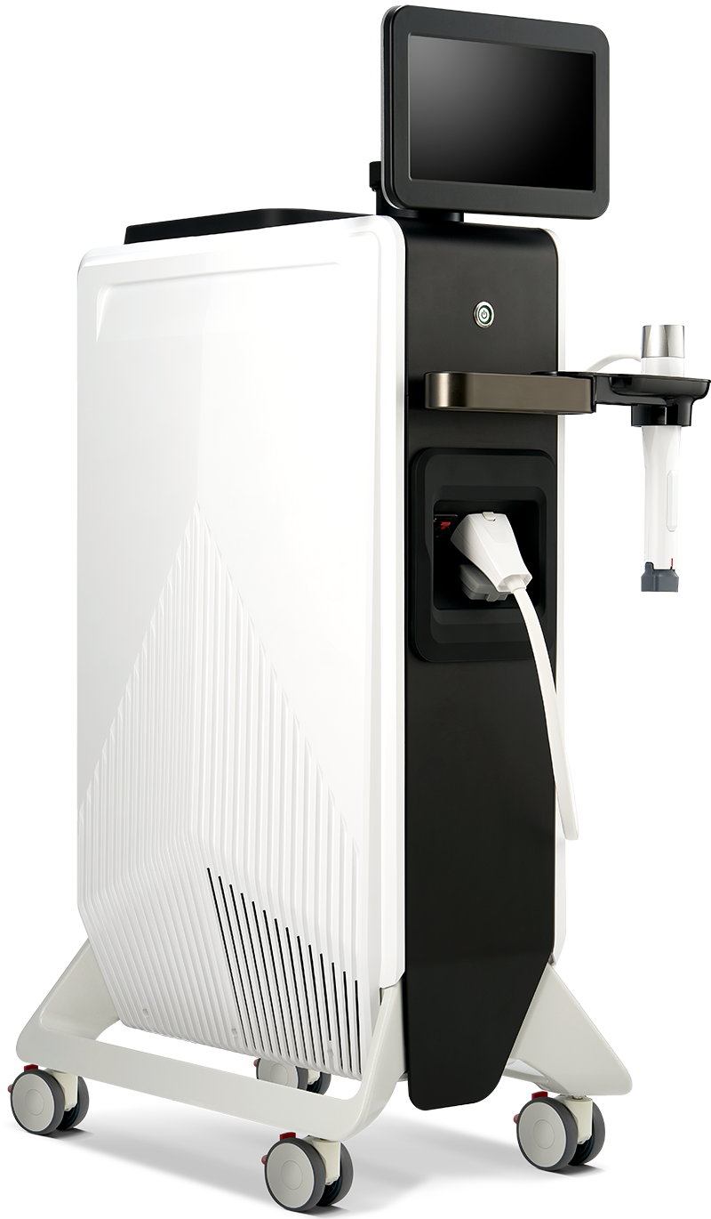 Medical device with a black monitor, charging plug, and a white and black body, on wheels.