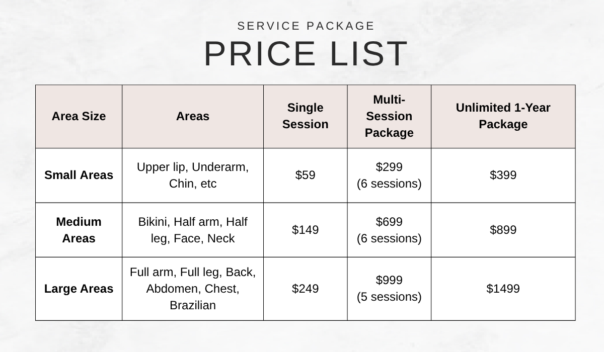 Price list for a service package with three area sizes: small, medium, and large. Each area size includes different body regions and has separate prices for single sessions, multi-session packages with six sessions, and unlimited 1-year packages with five to six sessions.