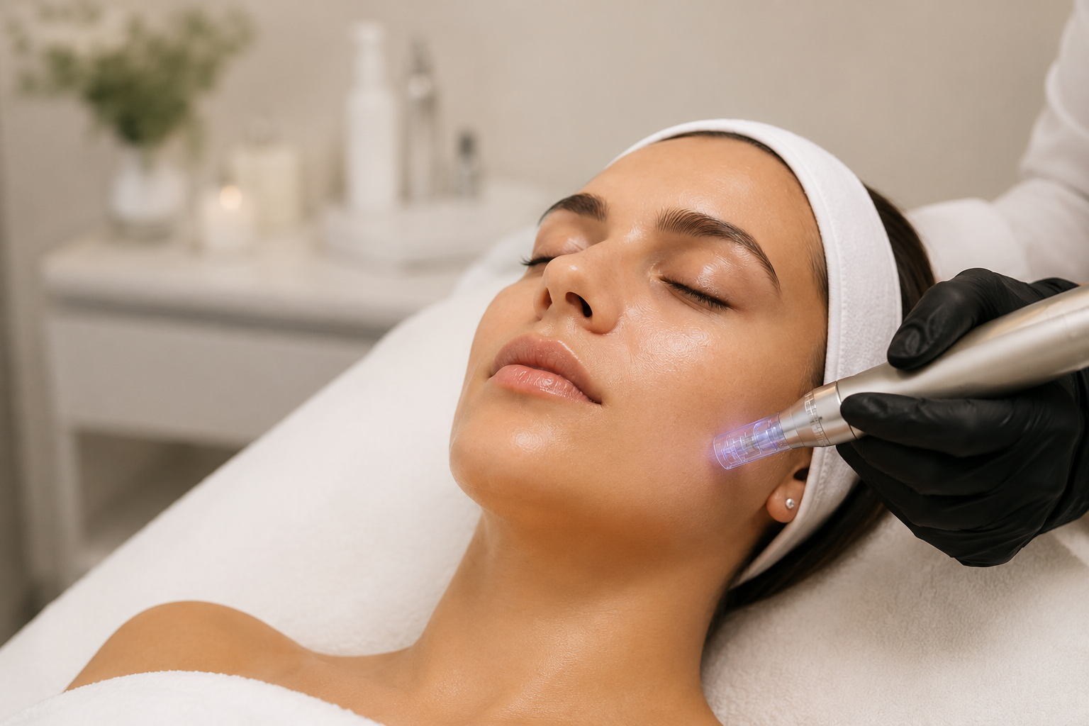A woman receiving a facial treatment with a device on her cheek in a spa or skincare clinic.