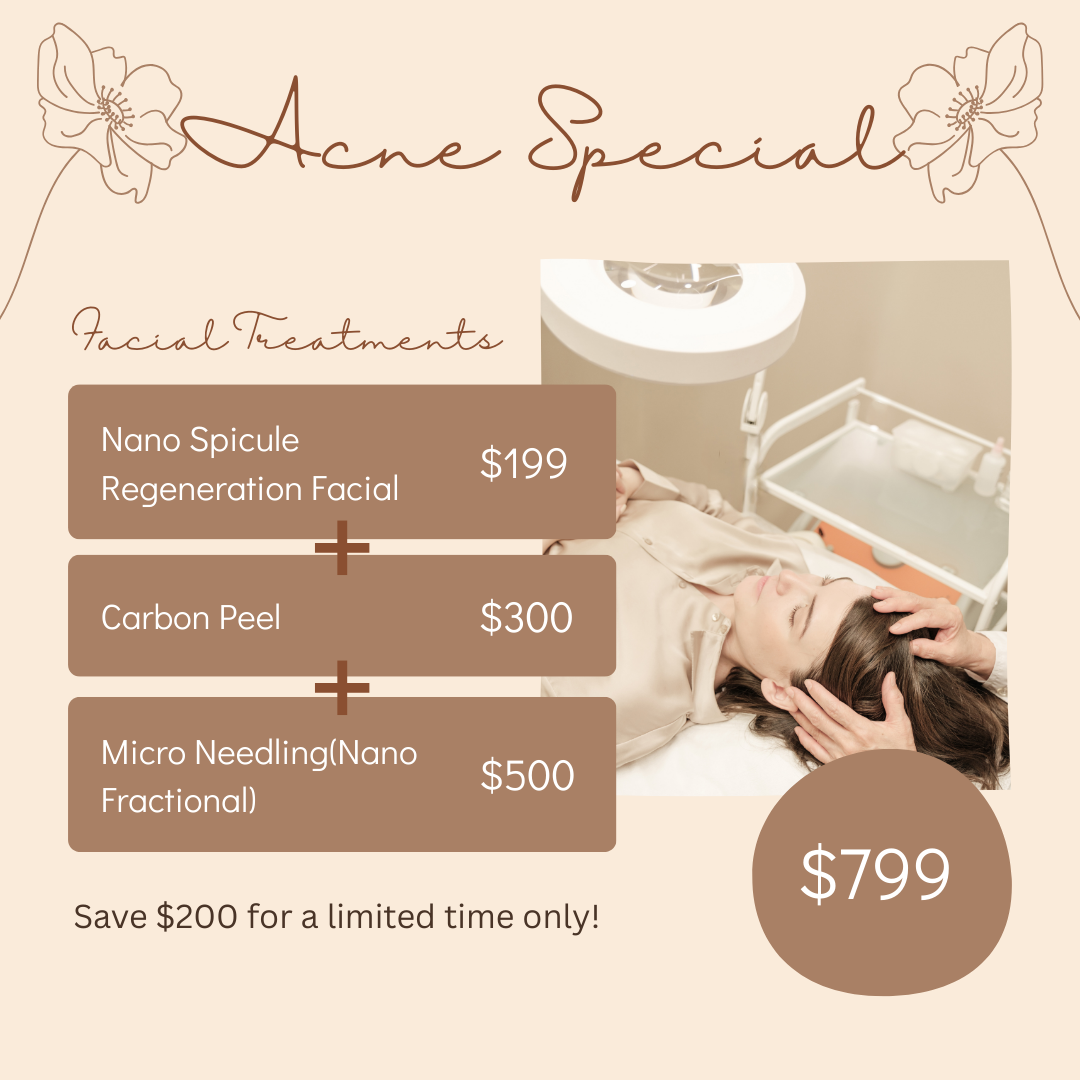 Acne special Facial Treatment including Nano Spicule Regeneration Facial $199, Carbon Peel $300, and Micro needling(Nano Fractional)$500 is only $799. Save $200 for a limited time only!