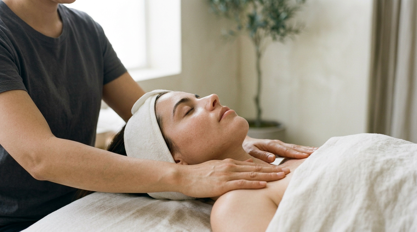 A woman receiving a massage in a spa or wellness center, lying on a massage table with her eyes closed and a headband, while a massage therapist presses her shoulders.