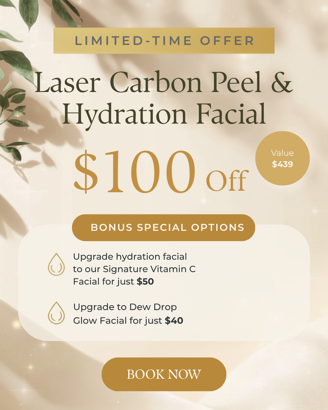 Limited Time Offer Laser Carbon Peel & Hydration Facial is only $330. Smoother, Brighter, deeply hydrated skin. Plus bonus special Upgrade hydration facial to our signature vitamin C facial for just $50 or to Dew drop glow facial for just $40