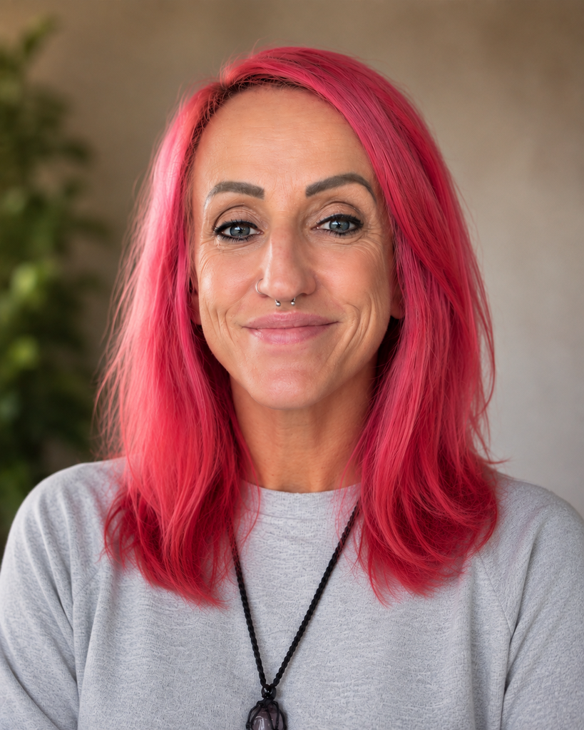 A woman with vibrant pink hair, blue eyes, a nose piercing, and a confident expression, wearing a light gray shirt and a black necklace with a purple pendant, standing in front of a neutral background with some green foliage on the side.