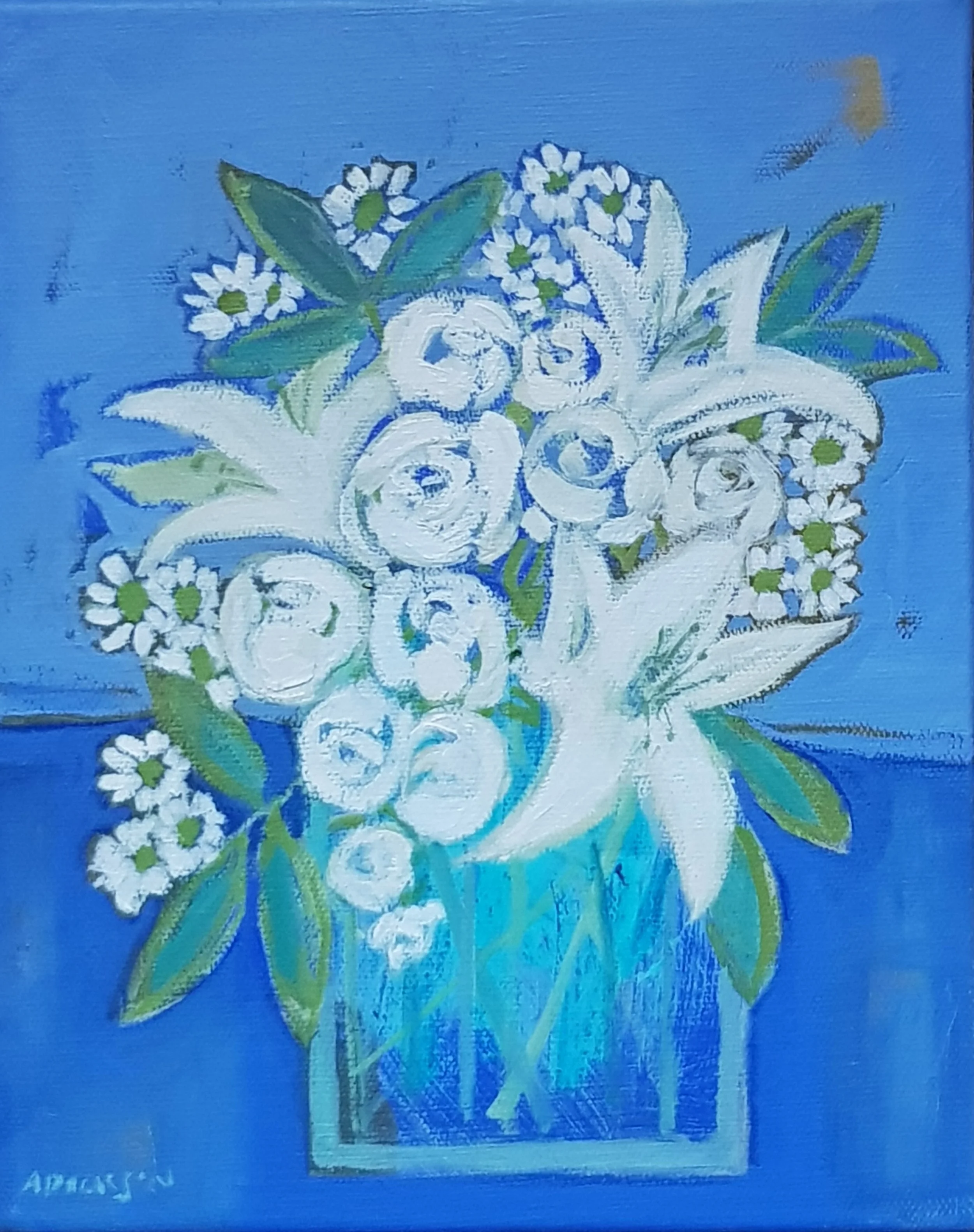 Lillies and Roses on Blue
20 x 26cm
(oil on board)
