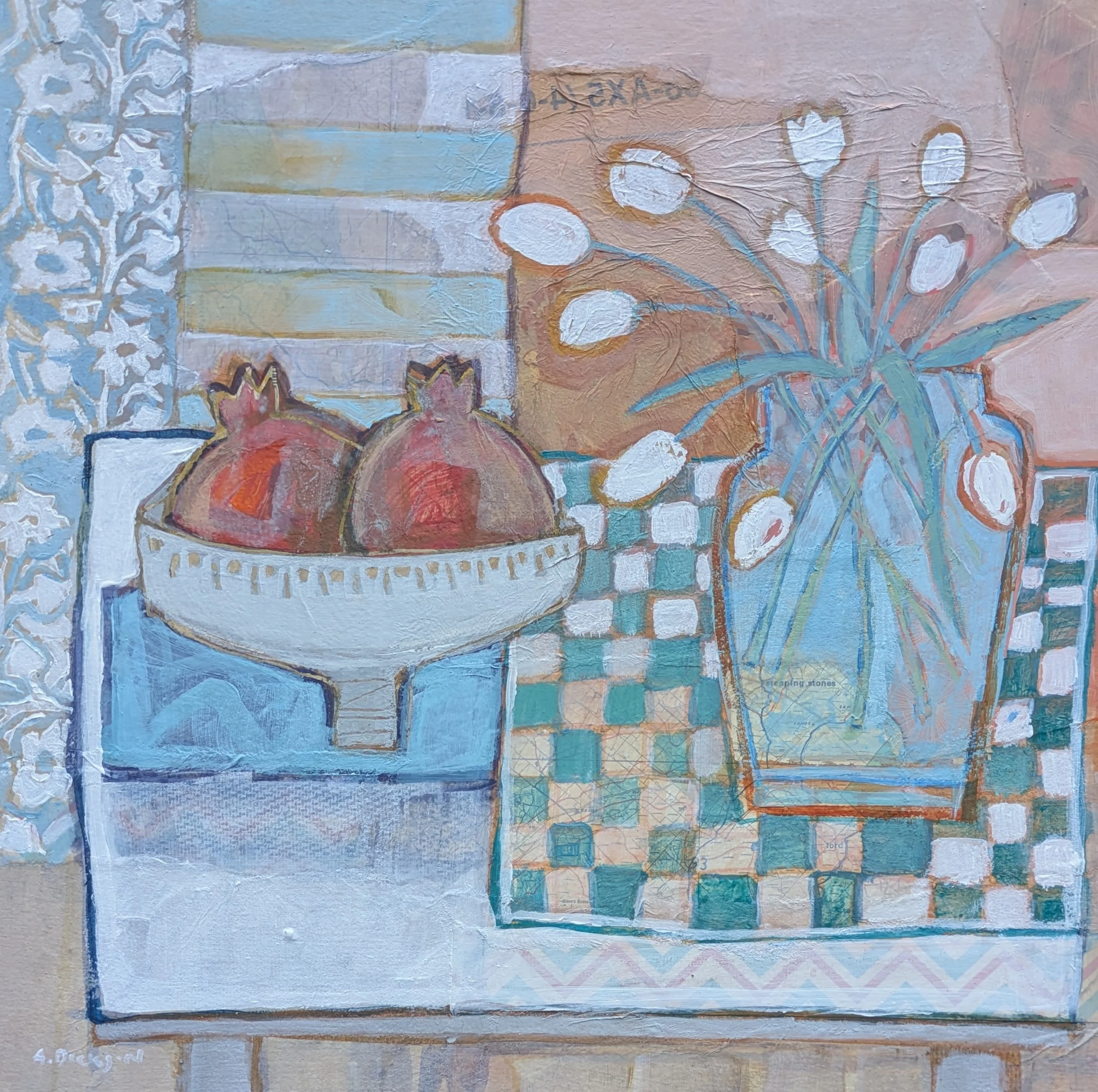 Tulips and Pomegranates
30 x 30cm
(acrylic on collaged paper)