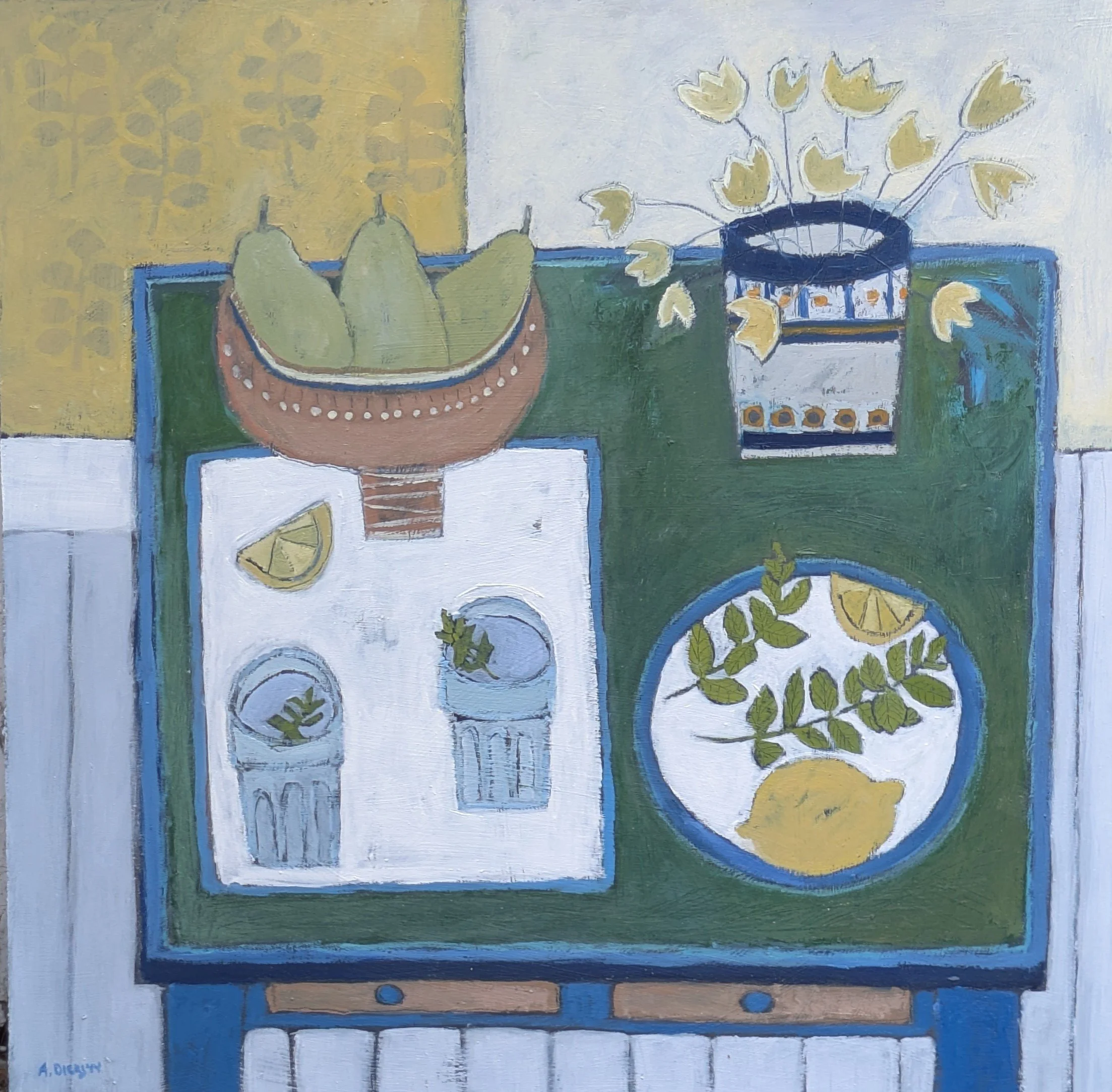 Pear, Lemons and Garden Mint
36 x 36cm
(acrylic on board)