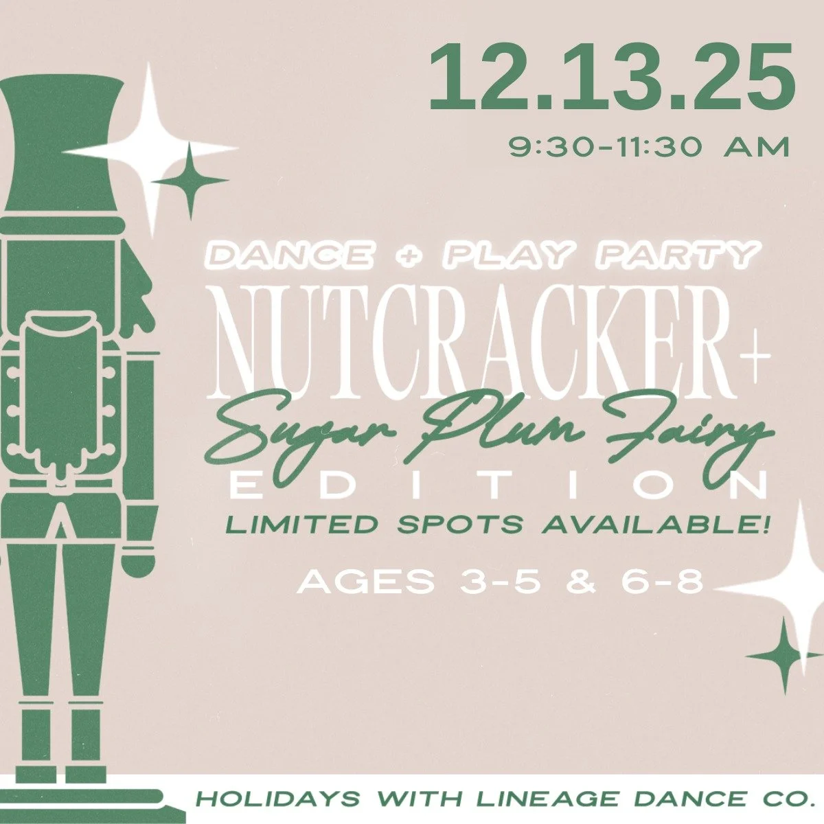 ❄Tutus. Twirls. Sugarplum dreams.
ANNOUNCING: Nutcracker Camps - Sugarplum Fairy Edition

&bull; Ages 3&ndash;5: 12/13 &bull; 9:30&ndash;11:30 AM
&bull; Ages 6&ndash;8: 12/13 &bull; 9:30&ndash;11:30 AM

A festive morning of dancing and holiday cheer!