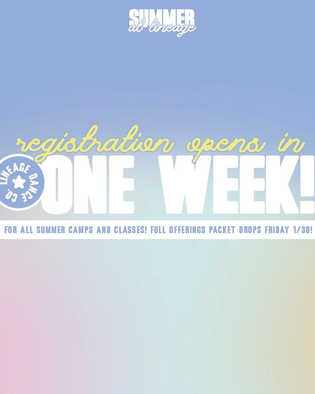 ⏰ ONE WEEK UNTIL SUMMER REGISTRATION OPENS ⏰
Summer at Lineage is almost here and spots go fast!

☀️ Camps, dance &amp; play parties, mini sessions, and pop-ups

📅 Sunday 2/8 at 6:00 PM: Registration opens for current Lineage families
✨ Sunday 2/15 