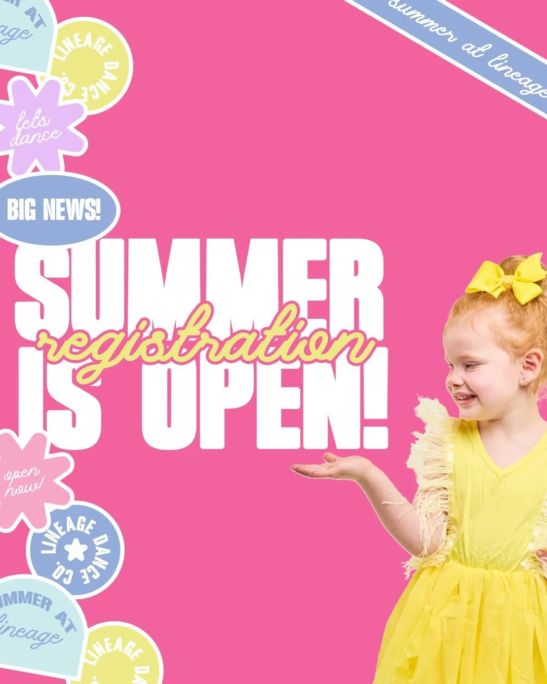 Summer at Lineage is officially OPEN ☀️

Lineage Dance Co. Member can now register for all summer programs! We highly suggest registering early to secure your dancer&rsquo;s favorites!

If your preferred offering is full, join the waitlist and regist