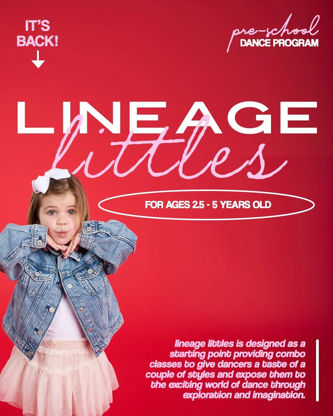 ✨ Tiny dancers, big dreams ✨

We LOVE our Littles 💕 and our Lineage Littles Program is the perfect place for dancers ages 2.5+ to begin their journey in a fun, encouraging, and confidence-building environment!

From first pli&eacute;s to first frien