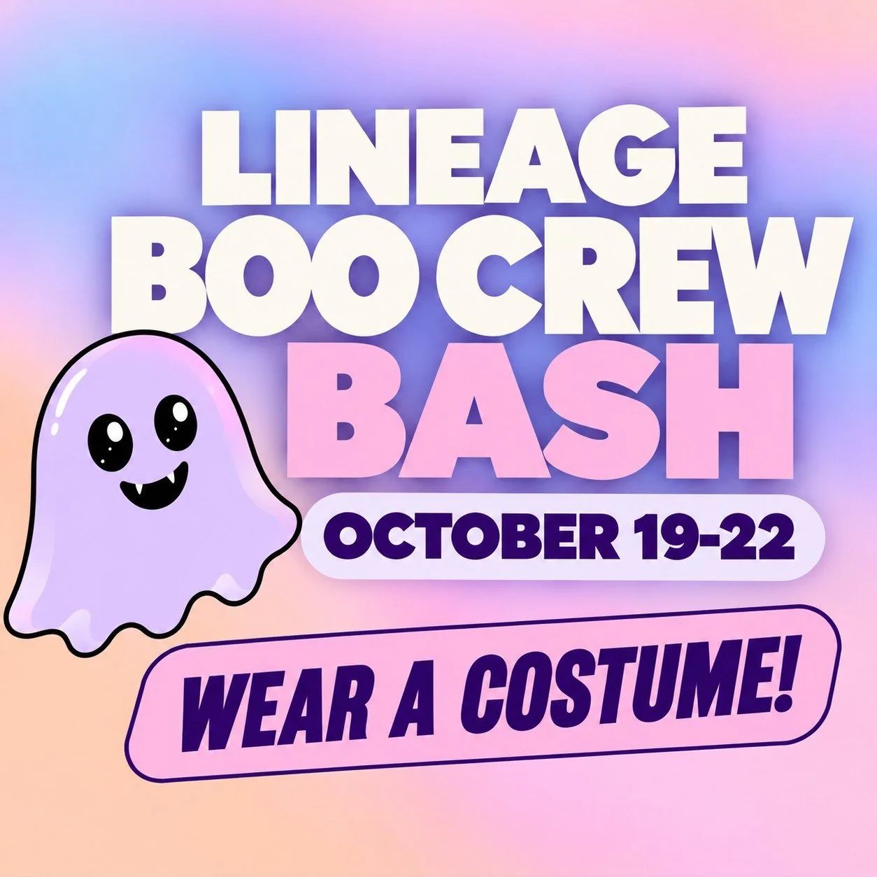 👻 BOO CREW, IT'S YOUR TIME TO SHINE! 🎃💜

Our LINEAGE BOO CREW BASH is October 19&ndash;22, and dancers are invited to WEAR THEIR HALLOWEEN COSTUMES TO CLASS!

Spooky, silly, sparkly, or sweet &mdash; we want to see it ALL! Just make sure your cost