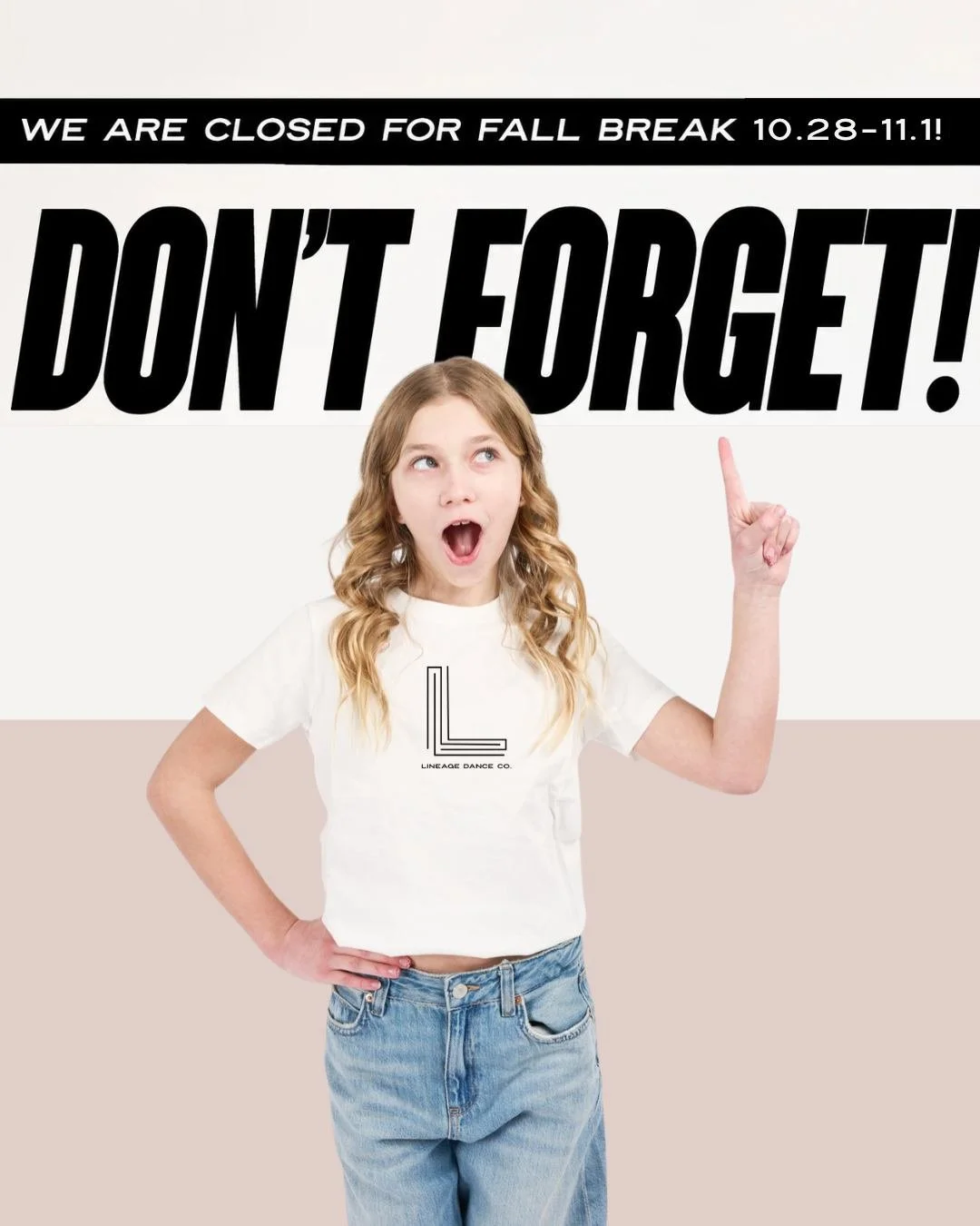 🍂 FALL BREAK REMINDER! 🍂

A little break before we dance our way into November! 

Lineage will be CLOSED Wednesday, October 28 &ndash; Sunday, November 1 for Fall Break.

We'll be back to our regular class schedule on Monday, November 2!

Enjoy the