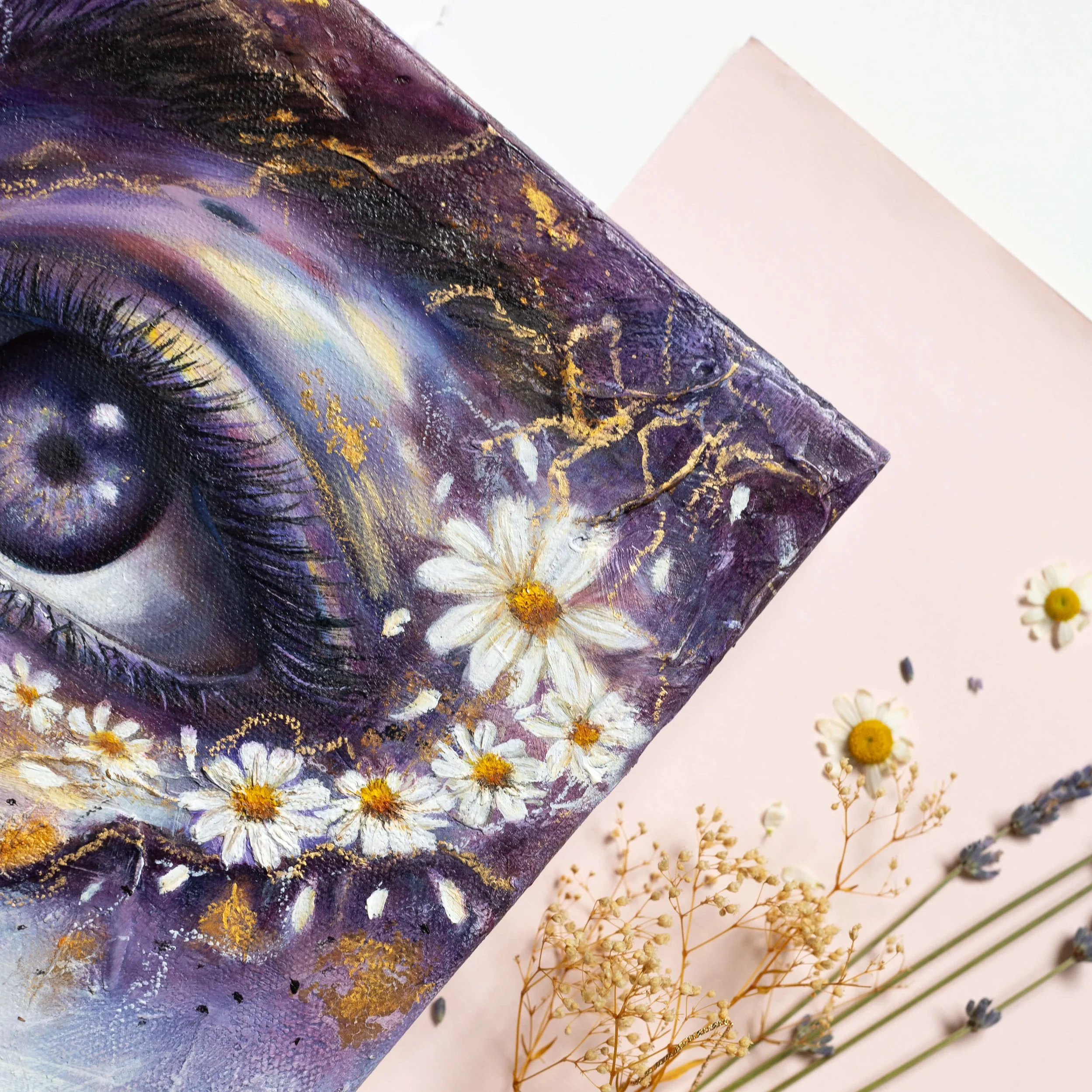 step-into-your-dreams-mixed-media-painting-detail-chamomile-flowers-eye