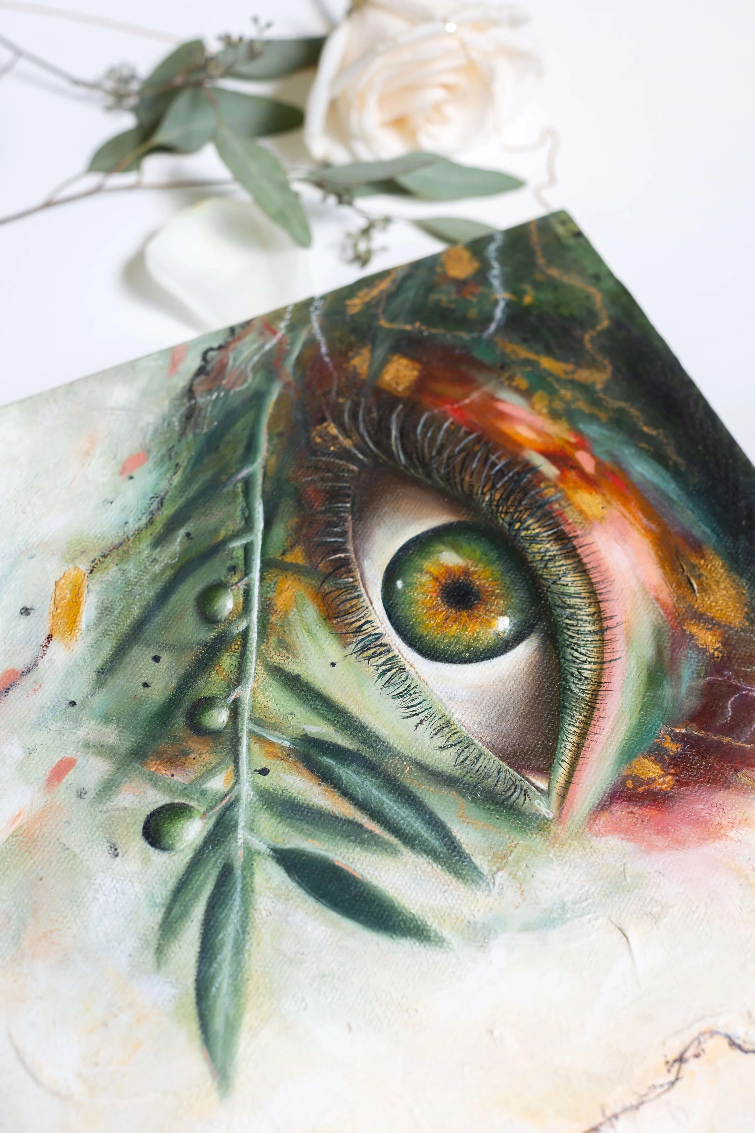 welcoming-peace-original-painting-lauren-chavarria-upclose-eye-olive-branch-lower-left-floral-rose-decor-upper-left