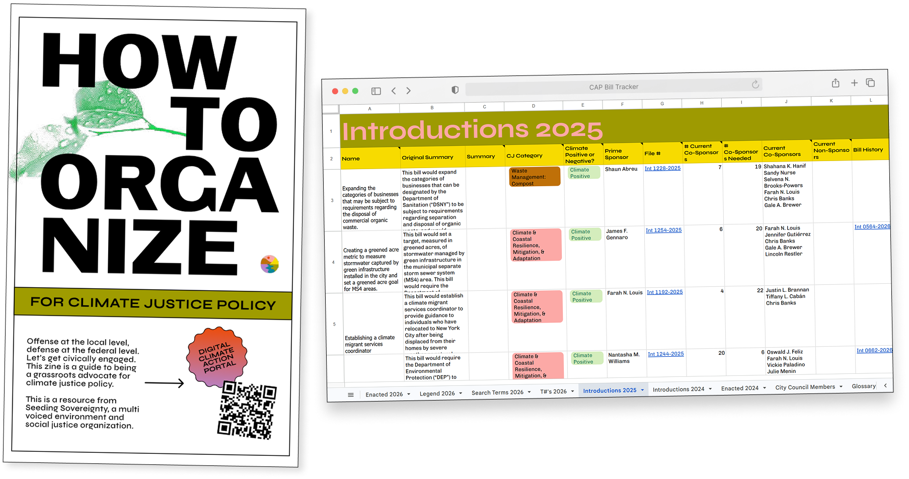 'How to Organize for Climate Justice Policy' zine cover next to a screenshot of the 'Introductions 2025' bill tracker spreadsheet.