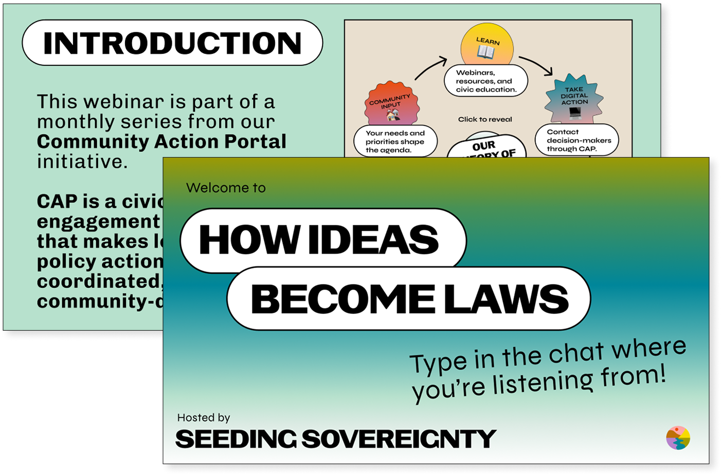 Two webinar slides: 'Introduction' explaining the Community Action Portal series, and 'How Ideas Become Laws' asking viewers to share where they're listening from.