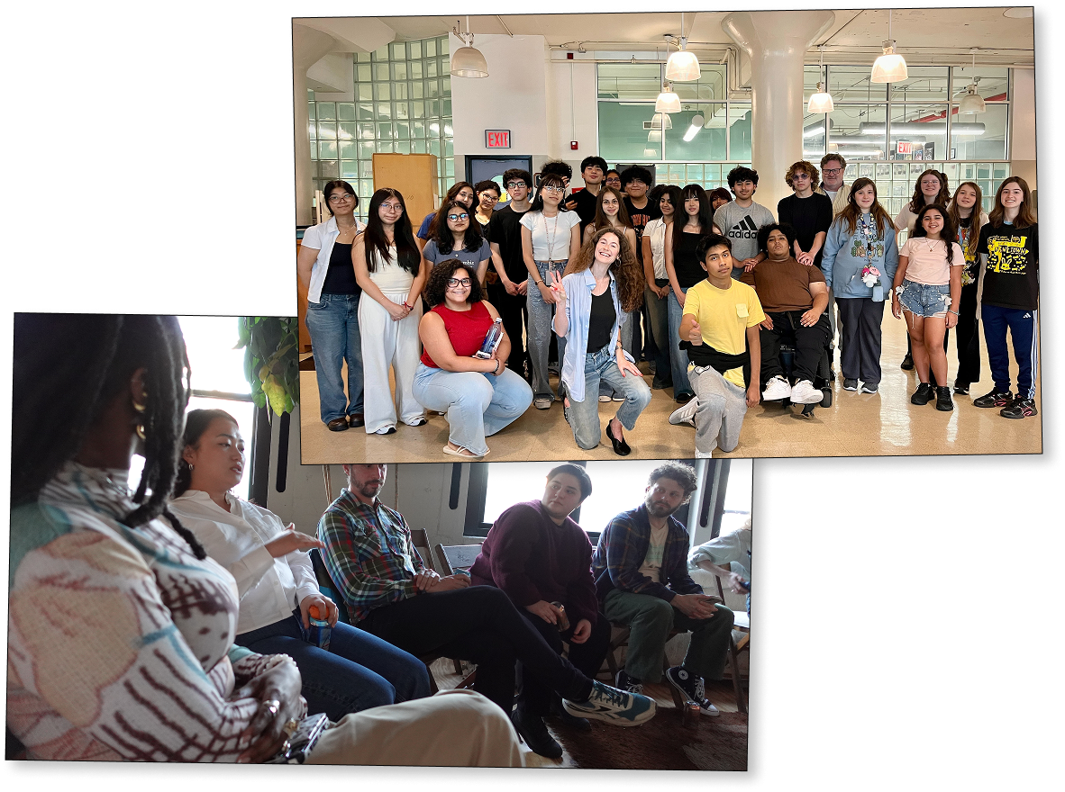 Two photos: a large group of young people posing together indoors, and a smaller group seated in discussion.