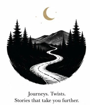 Silhouette of a winding mountain path surrounded by trees with a crescent moon and stars in the night sky, captioned "Journeys. Twists. Stories that take you further."