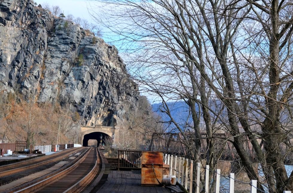  The B&amp;O Railroad tunnel at Harpers Ferry, WV, connecting Maryland and West Virginia for interstate commerce in the 1890s and renovated in 1931. 