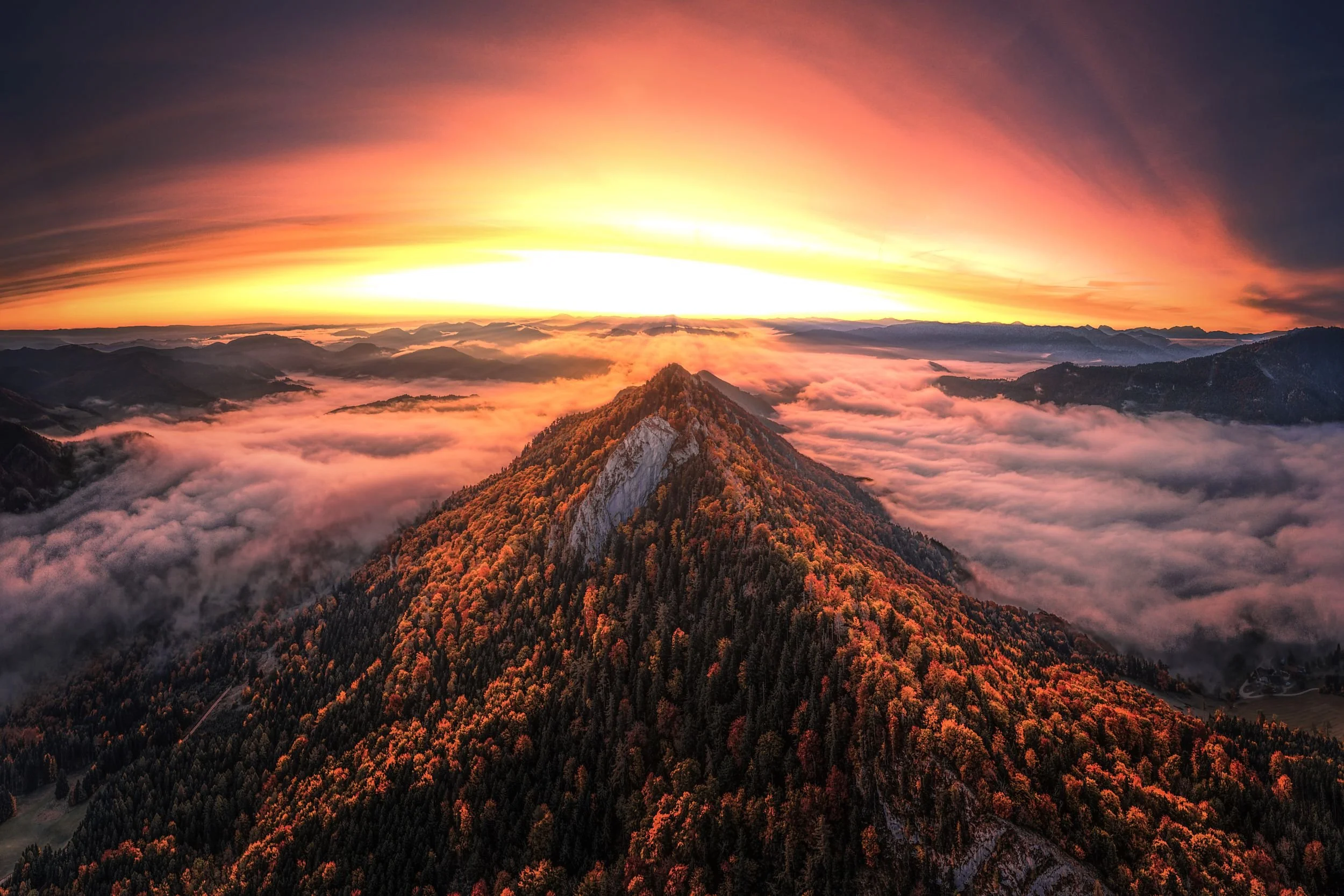 Sunrise over a mountain ridge covered with autumn-colored trees, with clouds below and a bright sky with rays of sunlight.