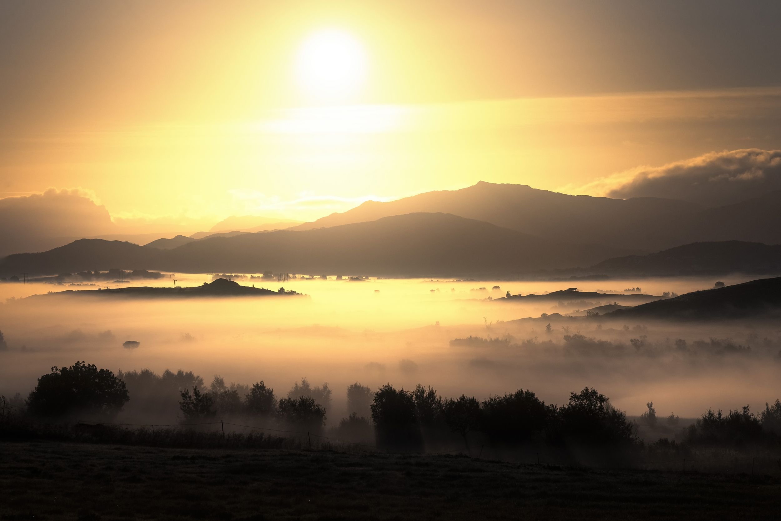 Sunrise over a misty mountainous landscape with dark trees in the foreground.