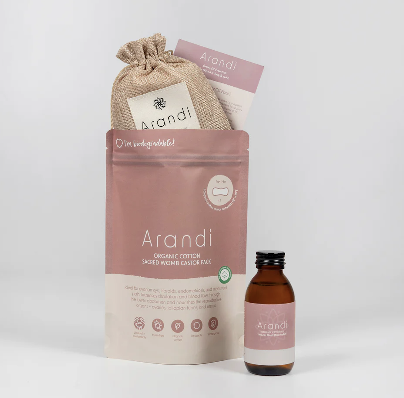 Arandi Handmade castor oil packs and USDA organic, cold-pressed castor oil.