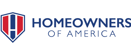 Logo of Homeowners of America featuring a shield with a red and navy design and the company name in blue text.