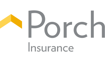 Porch Insurance logo with a yellow upward arrow and gray text on a black background.