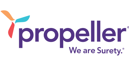 Propeller logo with a stylized red, blue, and beige propeller icon and the words "propeller" and "We are Surefy."