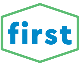 Logo with the word "first" in blue inside a black hexagon outline