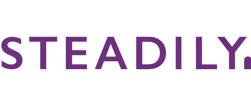 The word 'STEADILY' in purple text on a black background.
