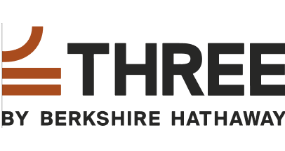 Logo for Three by Berkshire Hathaway with an orange and black design and bold black text.