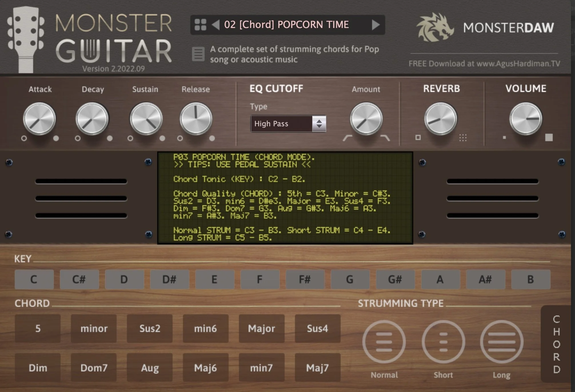Monster Guitar: A Free Virtual Instrument for Realistic Guitar Sounds