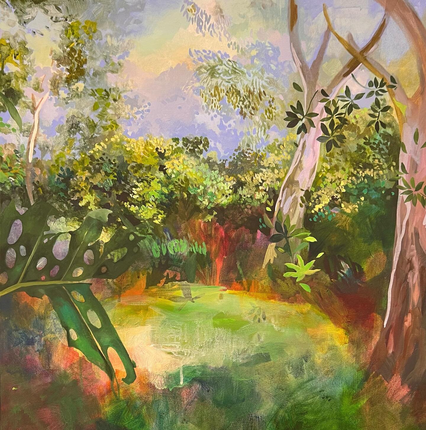 A little #workinprogress (detail) waiting for my return to the studio 🍃 I am hoping to achieve the warm hazy skies over the Adelaide botanical gardens during the summer festival months 🌞