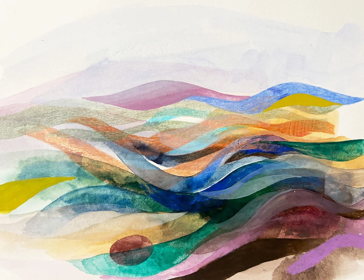 Early mixed media explorations for this project (watercolour, pencil and gouache paint) 